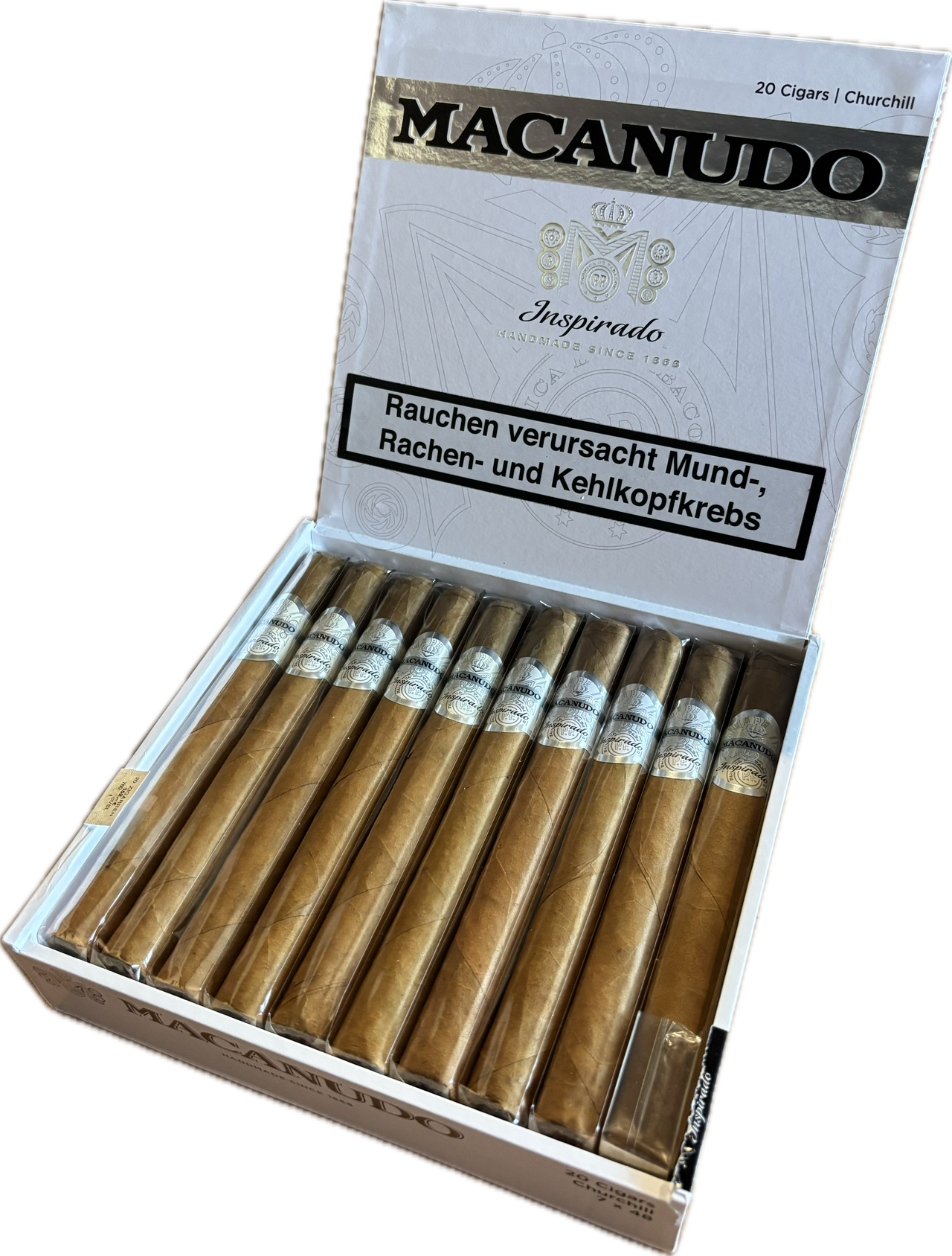 Weiß-silberne Kiste mit 20 Macanudo Inspirado White Churchill. Geöffnet.