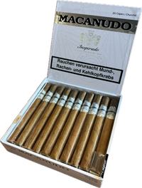 Thumbnail for Weiß-silberne Kiste mit 20 Macanudo Inspirado White Churchill. Geöffnet.